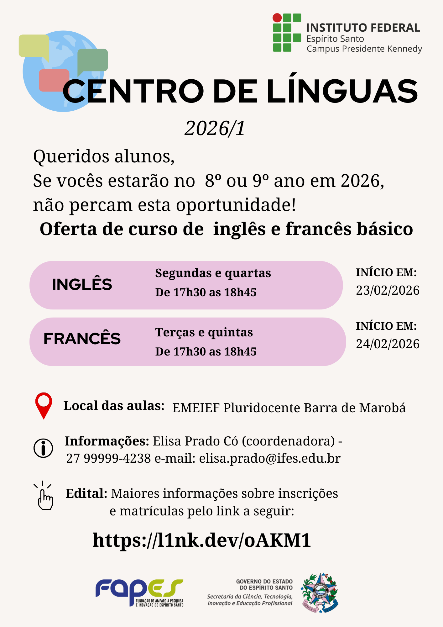 Panfleto Centro de línguas Ifes PK 20261